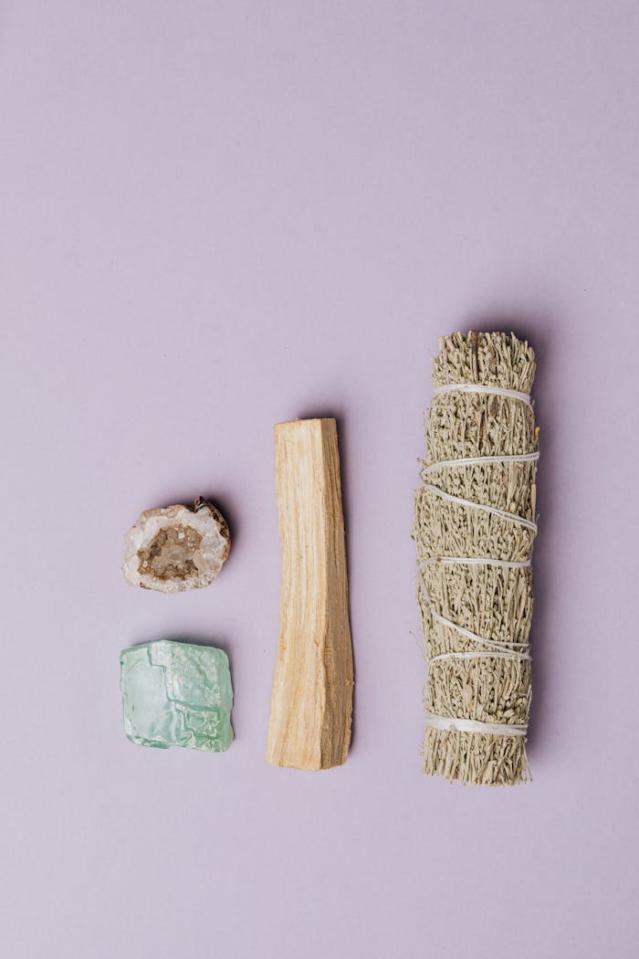Flat lay of sage, crystal, and wood on a light purple background for natural healing use.